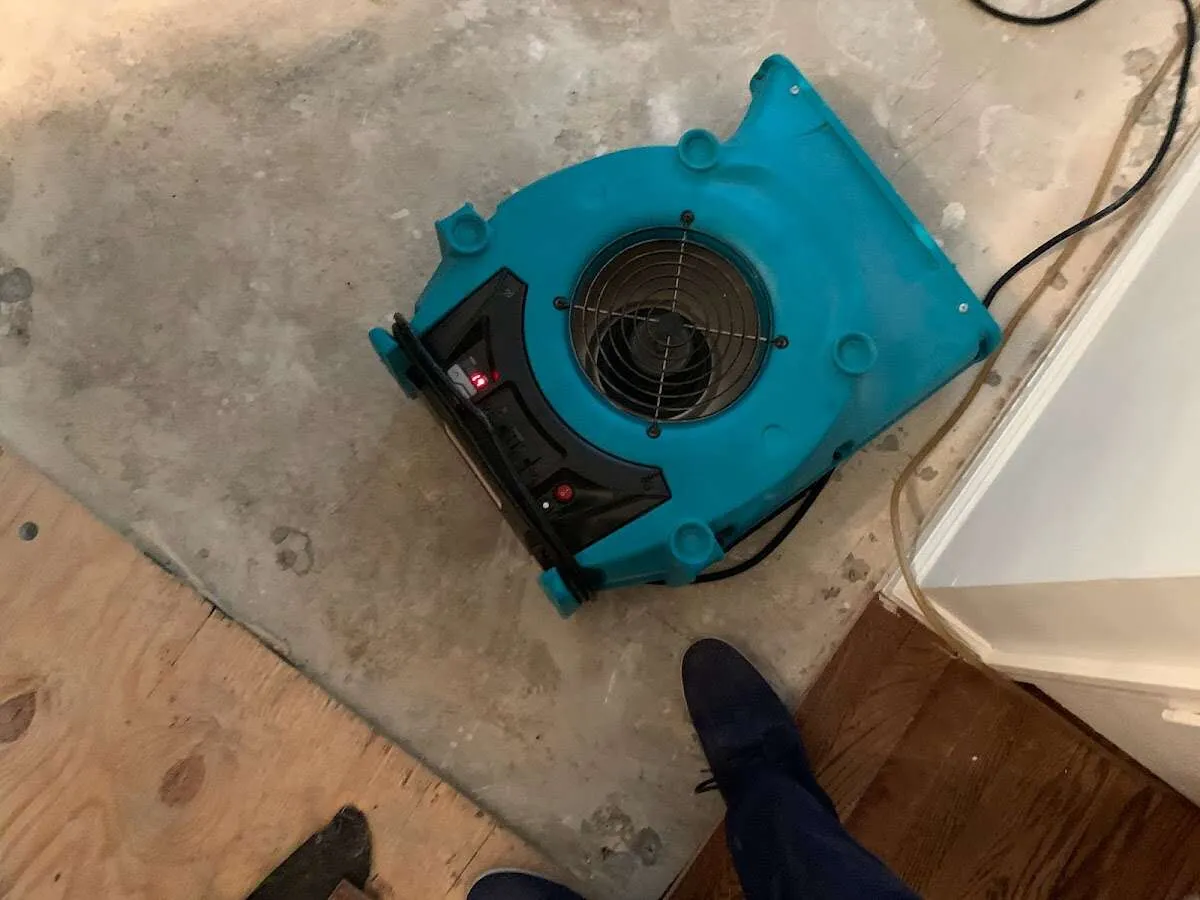 Air mover drying subfloor during Commercial Water Damage Restoration in Carbondale